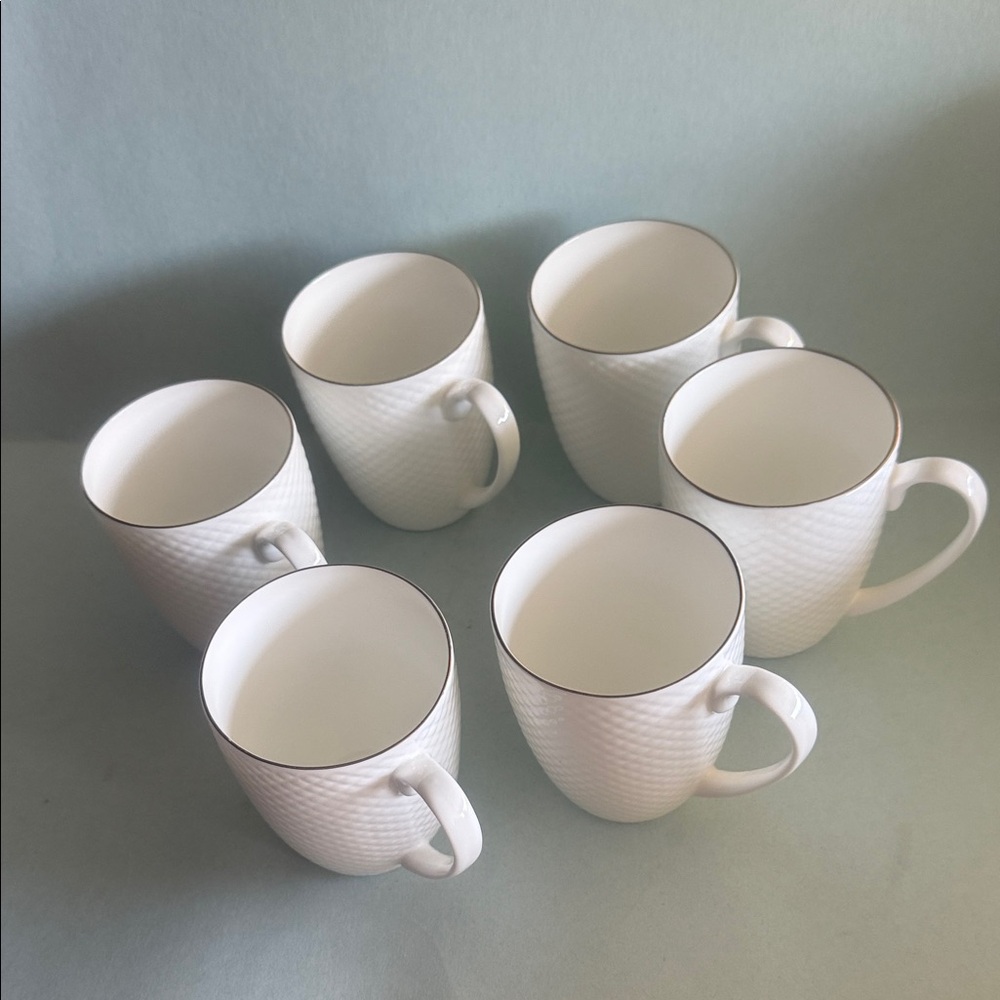 Set of 6 White Fine Bone China Mugs with Subtle Textured Pattern and Gold Rim